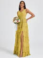 A-line V-neck Cascading Ruffles Floor-Length Bridesmaid Dress