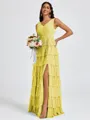 A-line V-neck Cascading Ruffles Floor-Length Bridesmaid Dress