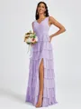 A-line V-neck Cascading Ruffles Floor-Length Bridesmaid Dress