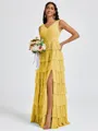 A-line V-neck Cascading Ruffles Floor-Length Bridesmaid Dress