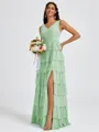 A-line V-neck Cascading Ruffles Floor-Length Bridesmaid Dress