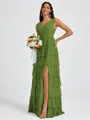 A-line V-neck Cascading Ruffles Floor-Length Bridesmaid Dress