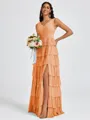 A-line V-neck Cascading Ruffles Floor-Length Bridesmaid Dress