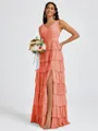 A-line V-neck Cascading Ruffles Floor-Length Bridesmaid Dress