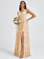 A-line V-neck Cascading Ruffles Floor-Length Bridesmaid Dress