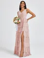 A-line V-neck Cascading Ruffles Floor-Length Bridesmaid Dress