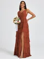A-line V-neck Cascading Ruffles Floor-Length Bridesmaid Dress