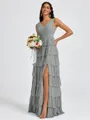 A-line V-neck Cascading Ruffles Floor-Length Bridesmaid Dress