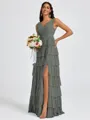 A-line V-neck Cascading Ruffles Floor-Length Bridesmaid Dress