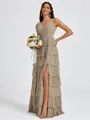 A-line V-neck Cascading Ruffles Floor-Length Bridesmaid Dress