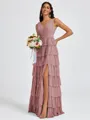 A-line V-neck Cascading Ruffles Floor-Length Bridesmaid Dress