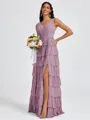 A-line V-neck Cascading Ruffles Floor-Length Bridesmaid Dress