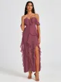 A-line Cold Shoulder Ruffles Ankle-Length Chiffon Bridesmaid Dress