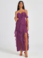 A-line Cold Shoulder Ruffles Ankle-Length Chiffon Bridesmaid Dress
