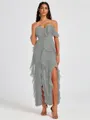 A-line Cold Shoulder Ruffles Ankle-Length Chiffon Bridesmaid Dress