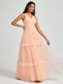 A-line V-neck Pleated Floor-Length Tulle Bridesmaid Dress