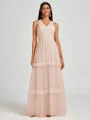 A-line V-neck Pleated Floor-Length Tulle Bridesmaid Dress