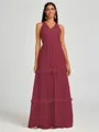 A-line V-neck Pleated Floor-Length Tulle Bridesmaid Dress