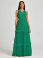A-line V-neck Pleated Floor-Length Tulle Bridesmaid Dress