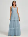 A-line V-neck Pleated Floor-Length Tulle Bridesmaid Dress