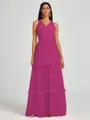 A-line V-neck Pleated Floor-Length Tulle Bridesmaid Dress