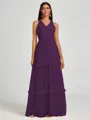 A-line V-neck Pleated Floor-Length Tulle Bridesmaid Dress