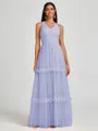 A-line V-neck Pleated Floor-Length Tulle Bridesmaid Dress