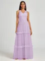 A-line V-neck Pleated Floor-Length Tulle Bridesmaid Dress