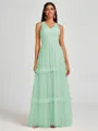 A-line V-neck Pleated Floor-Length Tulle Bridesmaid Dress