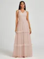 A-line V-neck Pleated Floor-Length Tulle Bridesmaid Dress