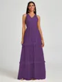 A-line V-neck Pleated Floor-Length Tulle Bridesmaid Dress