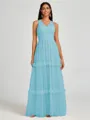 A-line V-neck Pleated Floor-Length Tulle Bridesmaid Dress