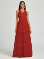 A-line V-neck Pleated Floor-Length Tulle Bridesmaid Dress