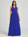 A-line V-neck Pleated Floor-Length Tulle Bridesmaid Dress