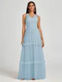 A-line V-neck Pleated Floor-Length Tulle Bridesmaid Dress