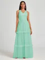 A-line V-neck Pleated Floor-Length Tulle Bridesmaid Dress