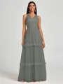 A-line V-neck Pleated Floor-Length Tulle Bridesmaid Dress