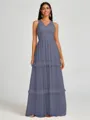 A-line V-neck Pleated Floor-Length Tulle Bridesmaid Dress