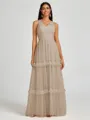 A-line V-neck Pleated Floor-Length Tulle Bridesmaid Dress