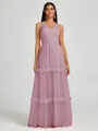 A-line V-neck Pleated Floor-Length Tulle Bridesmaid Dress