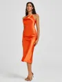 Sheath One-Shoulder Tea-Length Silk Like Satin Bridesmaid Dress