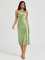 Sheath One-Shoulder Tea-Length Silk Like Satin Bridesmaid Dress