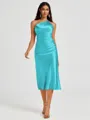 Sheath One-Shoulder Tea-Length Silk Like Satin Bridesmaid Dress