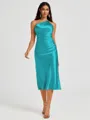 Sheath One-Shoulder Tea-Length Silk Like Satin Bridesmaid Dress