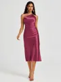Sheath One-Shoulder Tea-Length Silk Like Satin Bridesmaid Dress