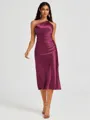 Sheath One-Shoulder Tea-Length Silk Like Satin Bridesmaid Dress