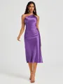 Sheath One-Shoulder Tea-Length Silk Like Satin Bridesmaid Dress