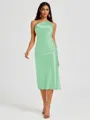 Sheath One-Shoulder Tea-Length Silk Like Satin Bridesmaid Dress