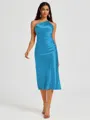 Sheath One-Shoulder Tea-Length Silk Like Satin Bridesmaid Dress