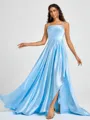 A-line Spaghetti Straps Pleated Sweep Train Silk Like Satin Bridesmaid Dress
